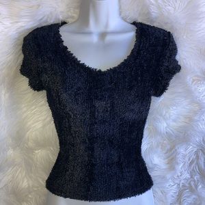 WHITE SAND Black Chenille Fuzzy Stretchy Top